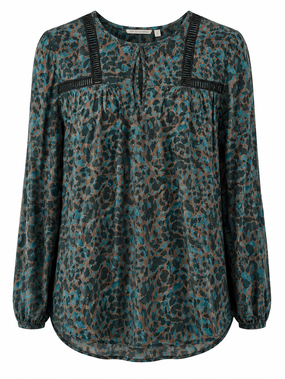 Soft Surroundings Leopard Print Blouse Teal Rust Black Lace Trim Boho Tunic M